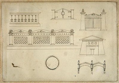 Designs for Gates, Walls, and Balustrade, from Twenty-one pen drawings of Decorative Details in Antique Style by Thomas Hope